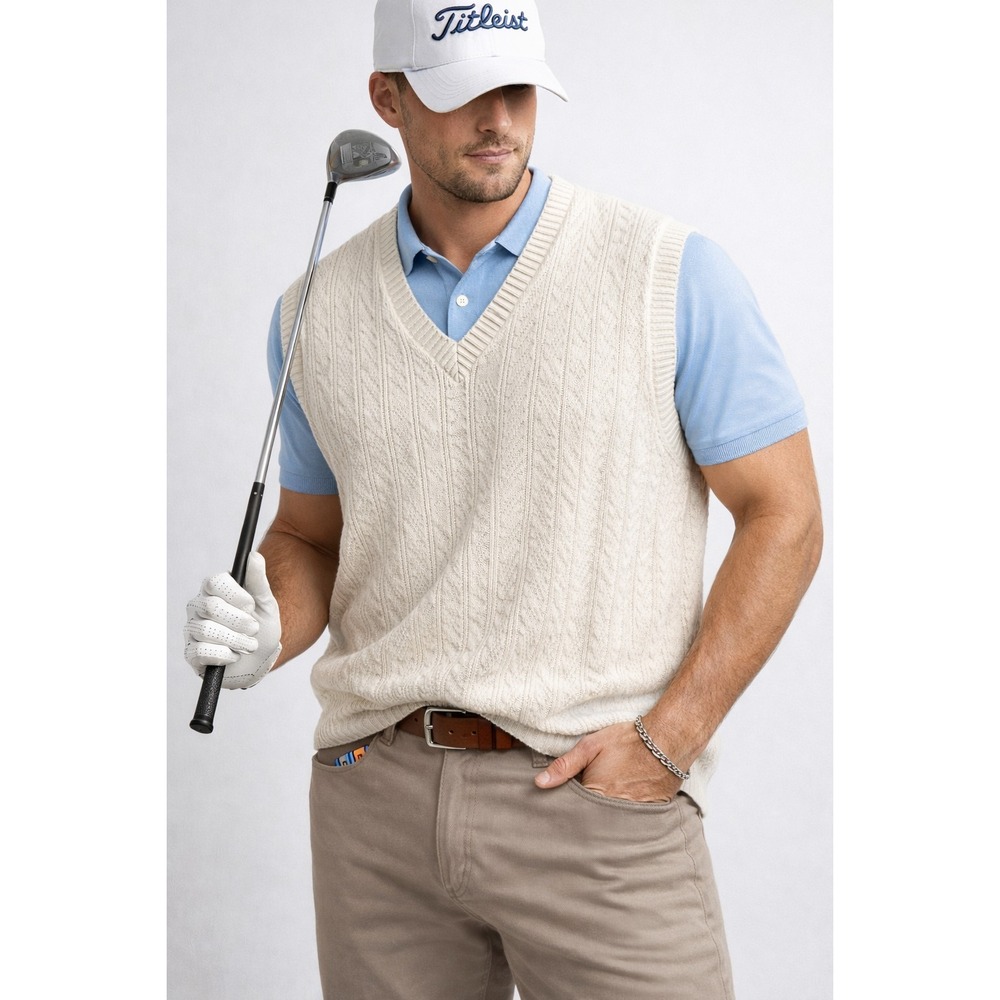 Roundtree & Yorke Sweater Vest XL Cream Cable Knit Textured V Neck Pullover - Picture 2 of 10